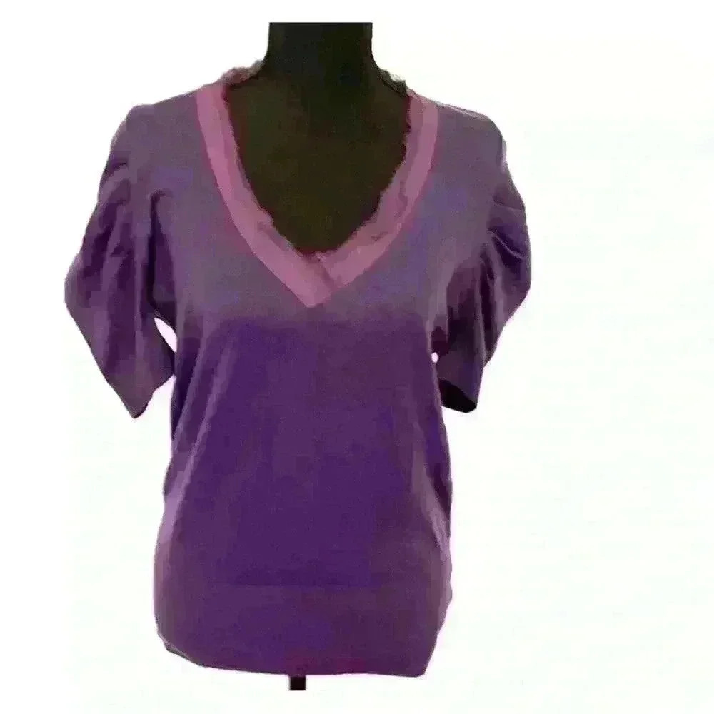 In Add Minus Purple Chiffon Back Deep V-Neck Puff Sleeve Blouse L